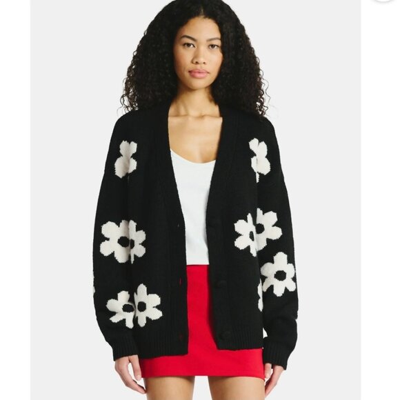 #823 No Boundaries Women's Medium Button-Front Floral Cardigan, Black - Picture 1 of 8
